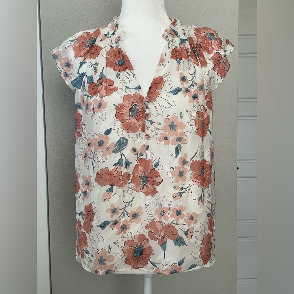 Rebecca Taylor Floral Puff-Sleeve Silk Blouse in Cream, Coral & Teal